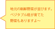 地元の新鮮野菜が並びます。ベジタブル班が育てた野菜もありますよ～ 